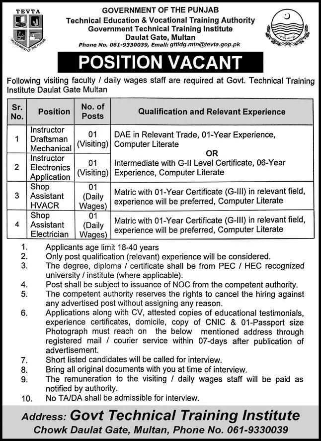 Technical Education & Vocational Training Authority Jobs – Technical Education & Vocational Training Authority TEVTA Punjab Jobs 2022 — original advertisement