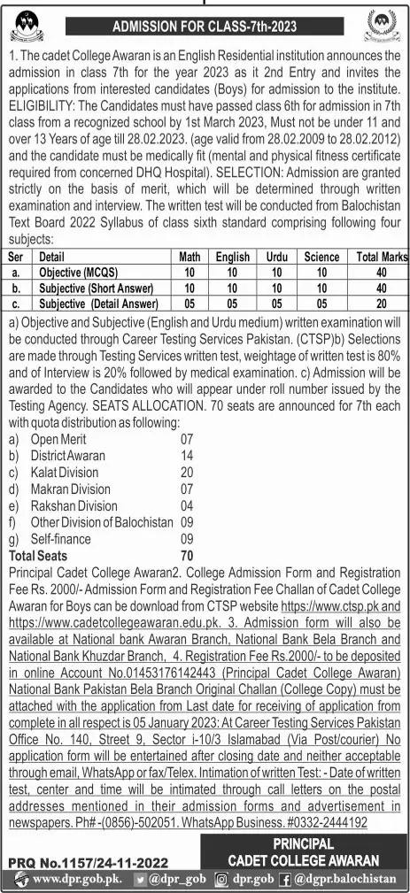 Cadet college Awaran Admission 2023 Admissions 2022 — original advertisement