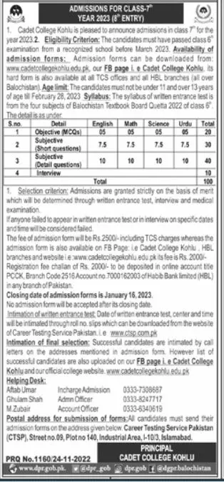 Cadet College Kohlu Balochistan Admission 2023 Admissions 2022 — original advertisement