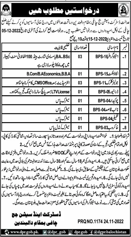 District Session Judge Chaghi Dalbandin Jobs 2022 – District & Session Judge Jobs 2022 — original advertisement
