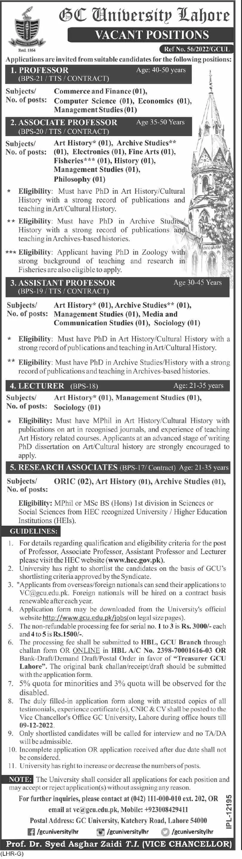 Government College University Lahore Jobs  2022 Jobs 2022 — original advertisement