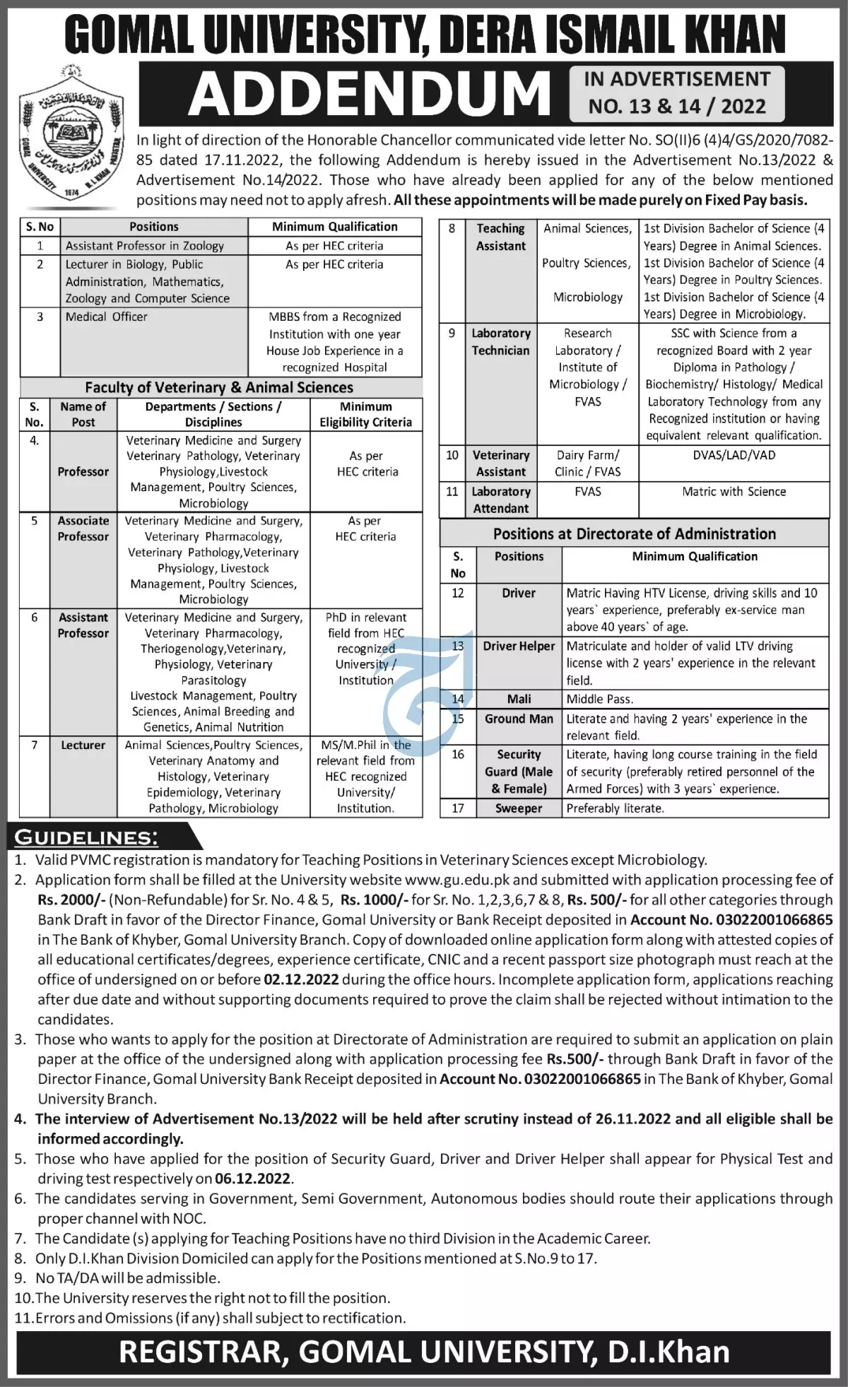 Gomal University Dera Ismail Khan Jobs 2022 Jobs 2022 — original advertisement