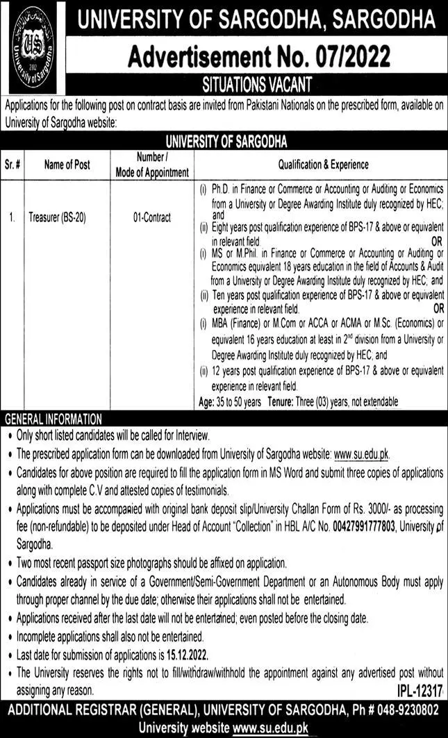 University of Sargodha Punjab Jobs 2022 Jobs 2022 — original advertisement