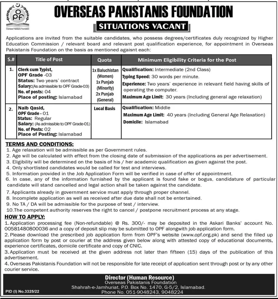 Overseas Pakistan Foundation Islamabad Jobs 2022 – Overseas Pakistanis Foundation Islamabad Jobs 2022 — original advertisement