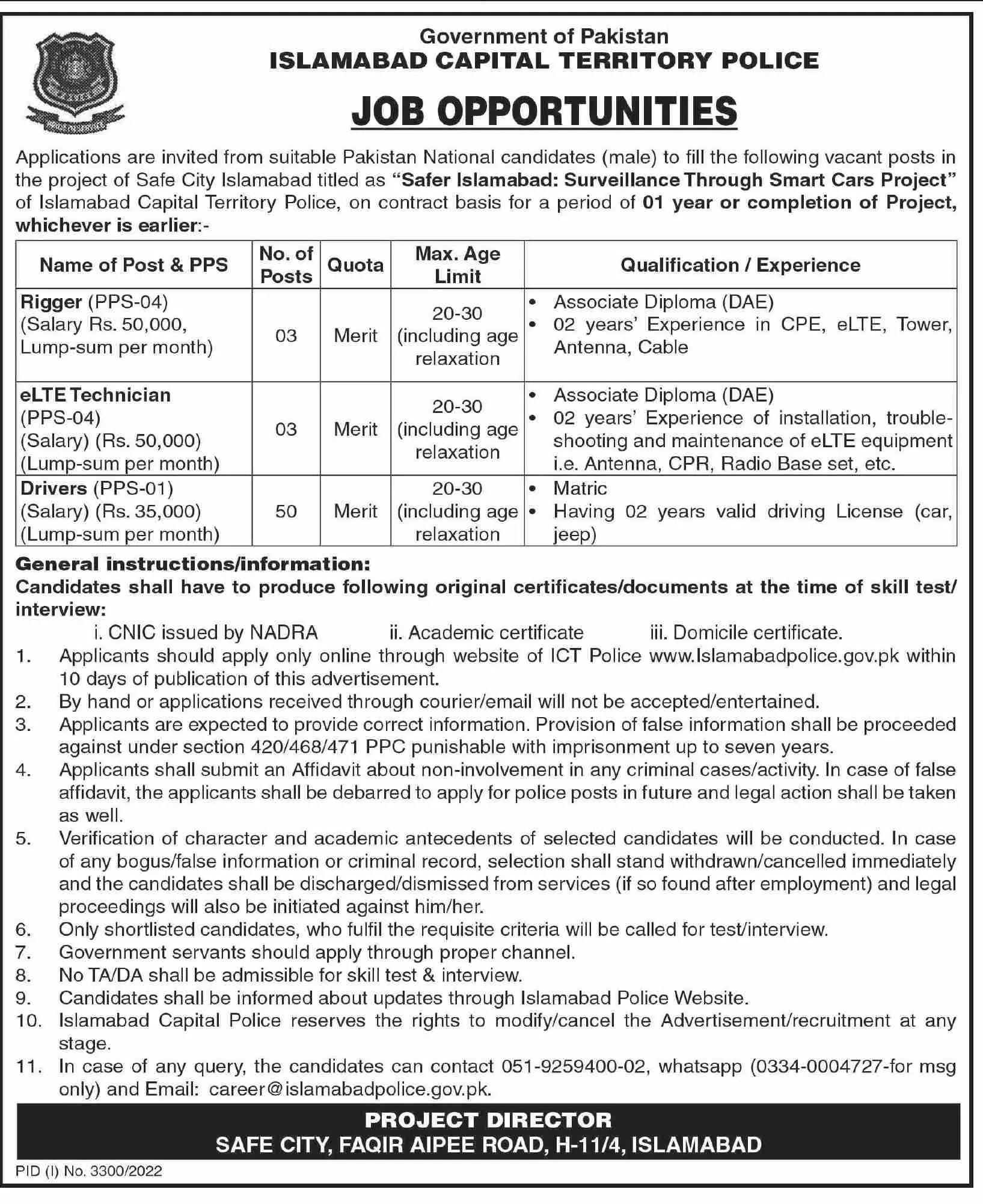 Islamabad Capital Territory Police Jobs 2022 Jobs 2022 — original advertisement
