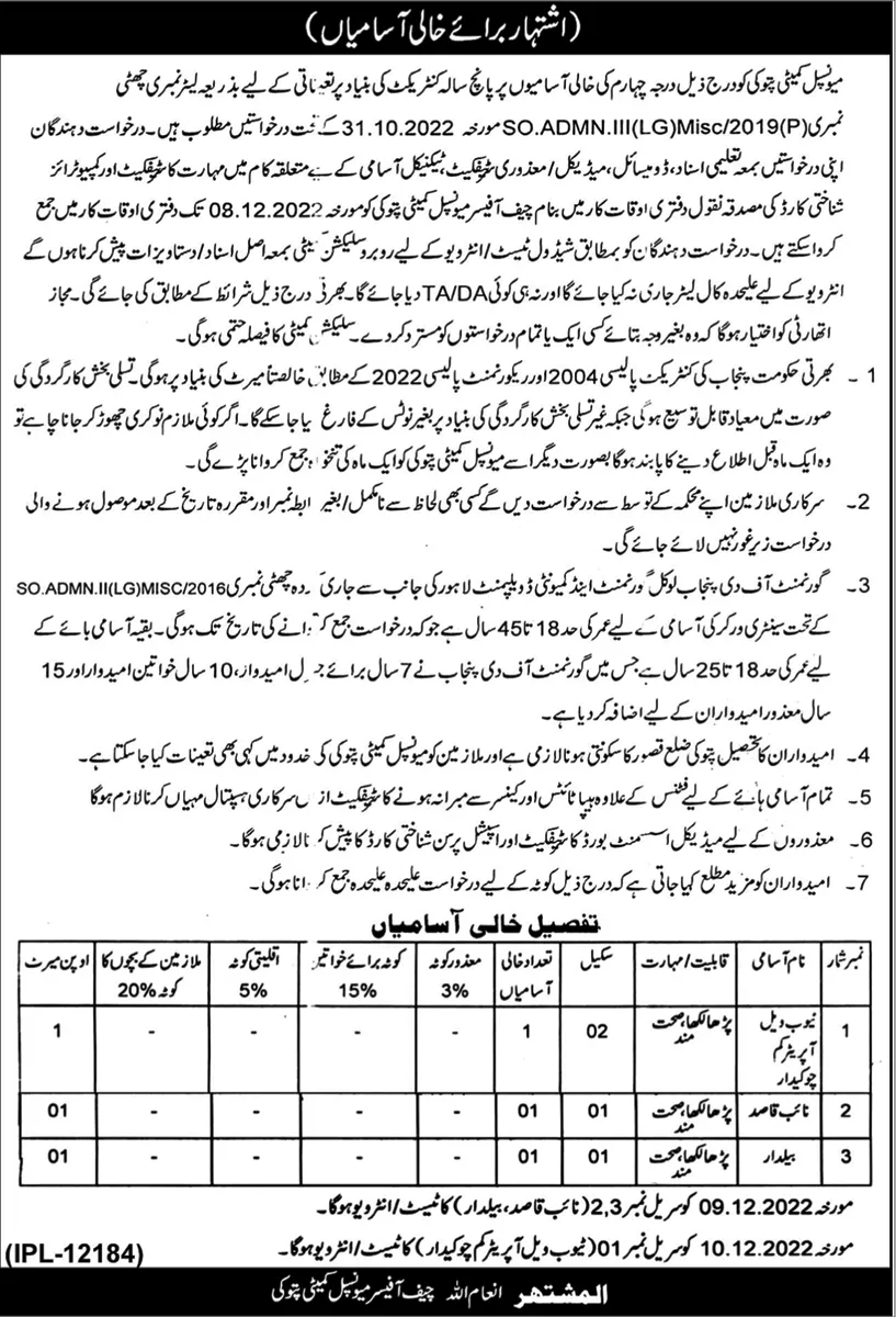 Municipal Committee Pattoki Jobs 2022 – Muncipal Commette Jobs 2022 — original advertisement