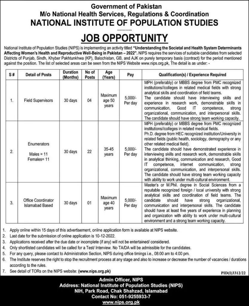 National Institute of Population Studies NIPS Jobs 2022 – Federal Government Department Jobs 2022 — original advertisement