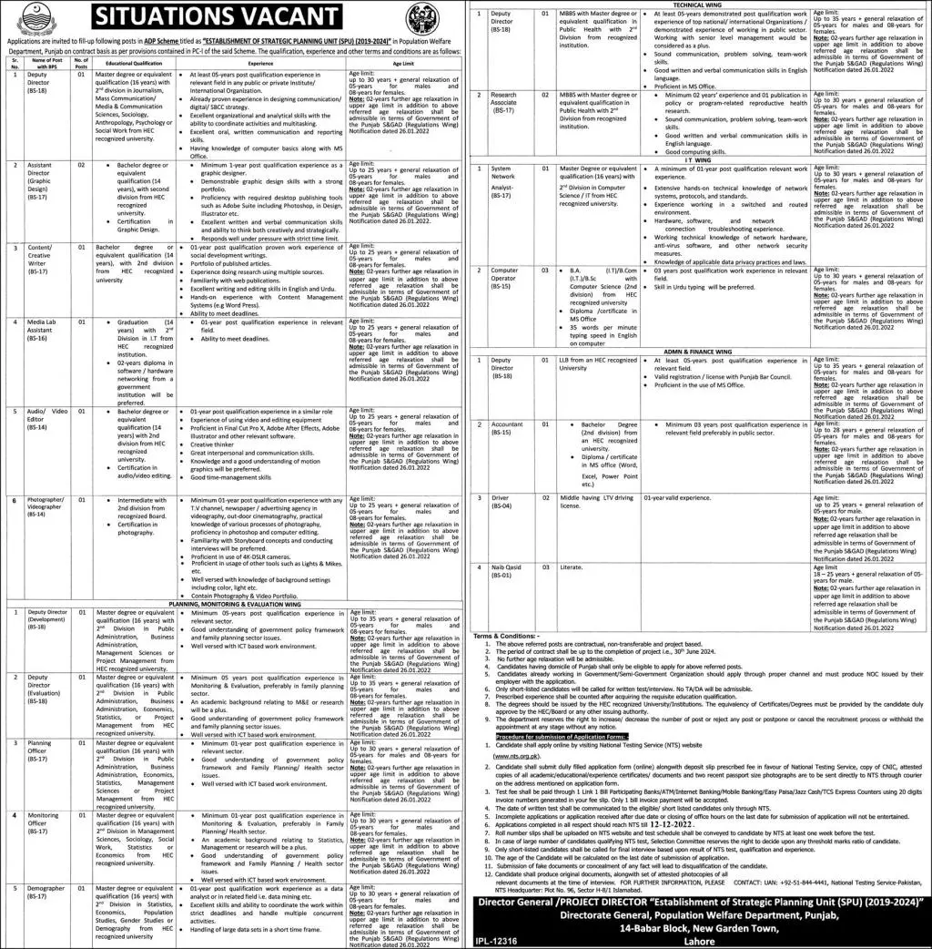 Population Welfare Department Punjab Jobs 2022 Jobs 2022 — original advertisement