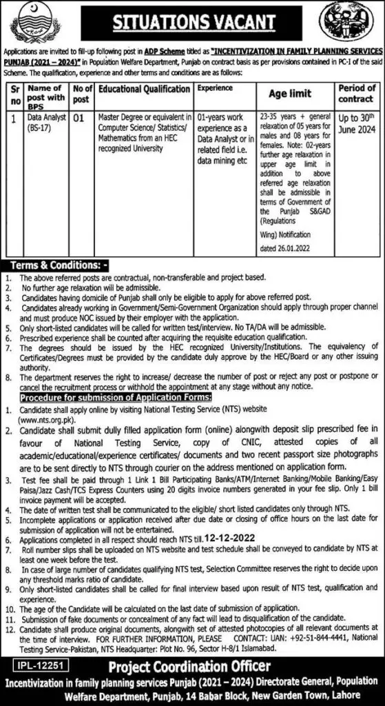 Incentivization Family Planning Service Jobs 2022 – Population Welfare Department Punjab Jobs 2022 — original advertisement