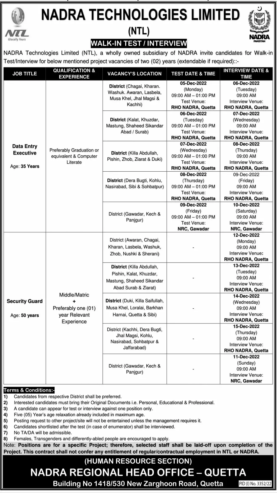 NADRA Technologies Limited Balochistan Jobs 2022 Jobs 2022 — original advertisement