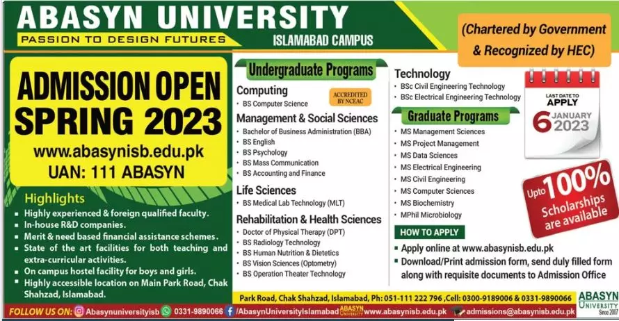Abasyn University Islamabad Campus Admission 2022 – Abasyn University Peshawar Admissions 2022 — original advertisement