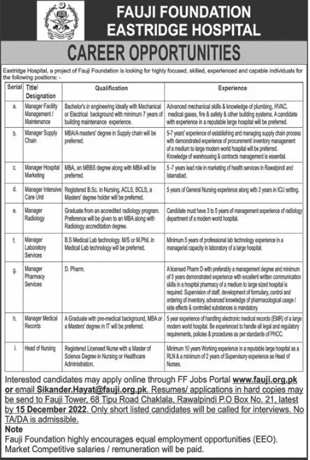 Fauji Foundation Eastridge Hospital Jobs 2022 Jobs 2022 — original advertisement