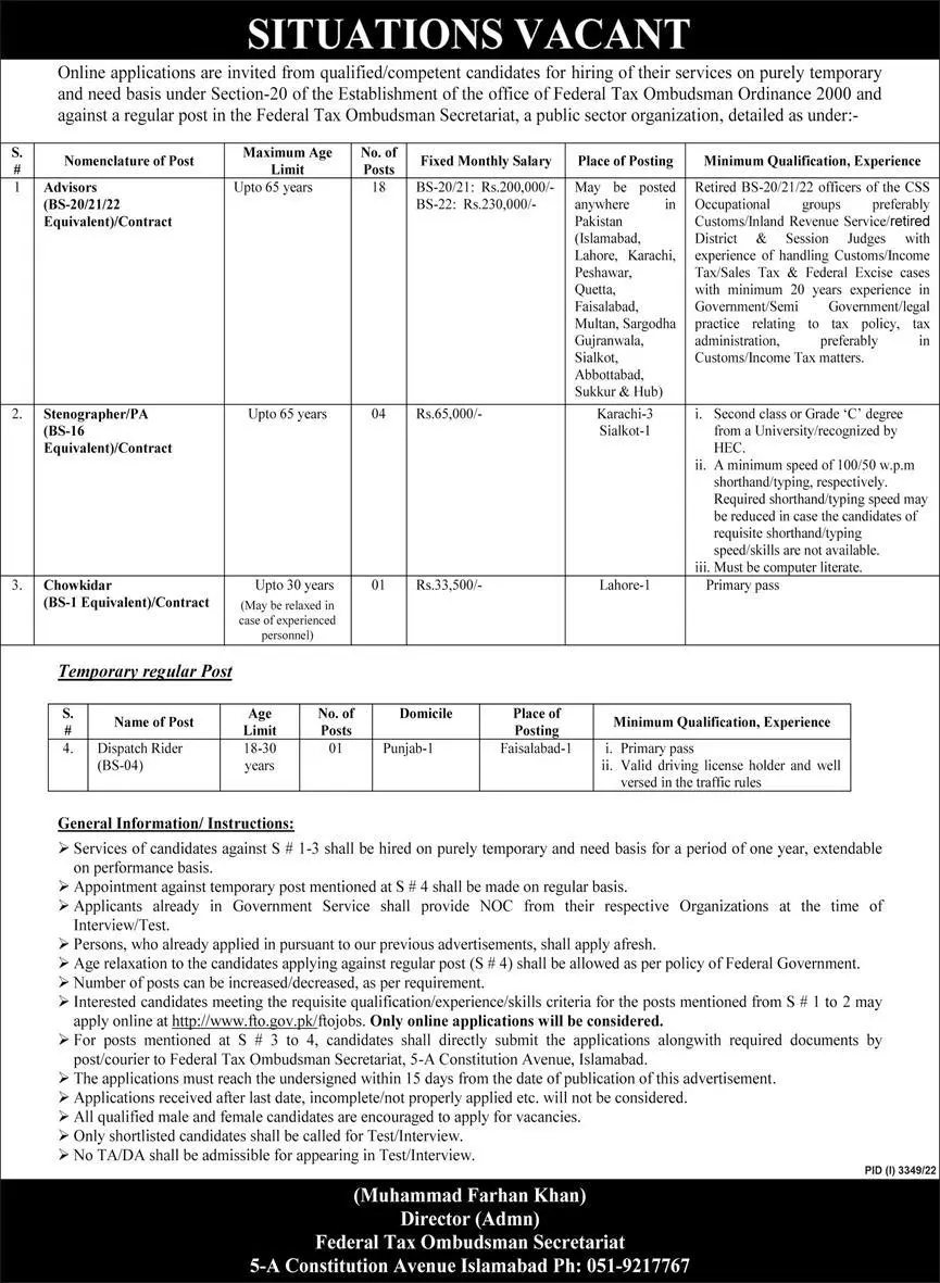 Federal Tax Ombudsaman Secretariat Islamabad Jobs 2022 – Federal Tax Ombudsman Secretariat Pakistan Islamabad Jobs 2022 — original advertisement
