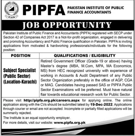 Pakistan Institute of Public Finance Accounts Jobs 2022 – Pakistan Institute of Public Finance Accountants Jobs 2022 — original advertisement