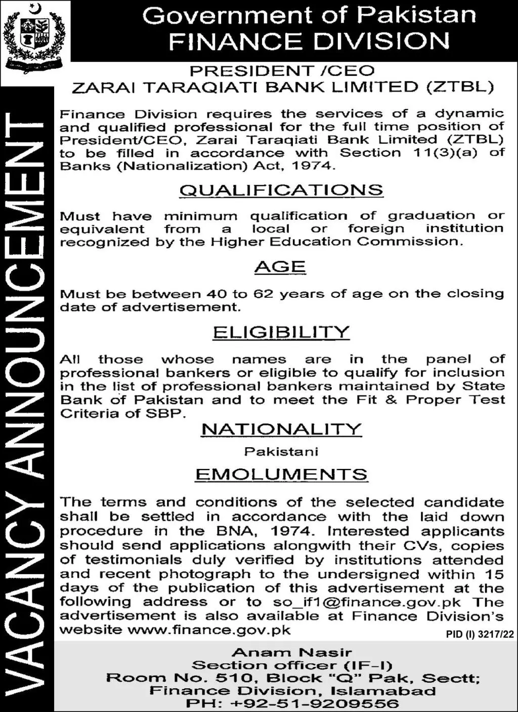 Finance Division Islamabad Jobs 2022 – Ministry of Finance Islamabad Jobs 2022 — original advertisement