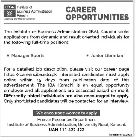 Institute of Business Administration Karachi Jobs 2022 – IBA Karachi Jobs 2022 — original advertisement