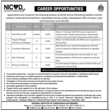 National Institute of Cardiovasular Diseases Karachi Jobs – National Institute of Cardiovascular Diseases (NICVD) Sindh Karachi Jobs 2022 — original advertisement