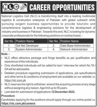 National Logistics Cell NLC Jobs 2022 – National Logistic Cell Rawalpindi Jobs 2022 — original advertisement
