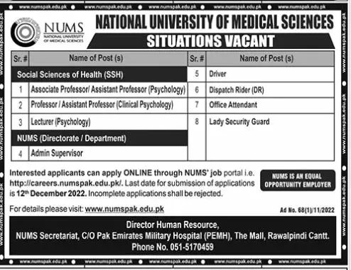 National University of Medical Sciences Nums Jobs 2022 – National University of Medical Science NUMS Jobs 2022 — original advertisement