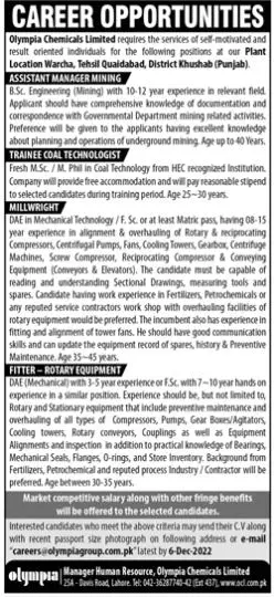 Olympia Chemical Limited Jobs 2022 – Olympia Chemicals Limited Jobs 2022 — original advertisement