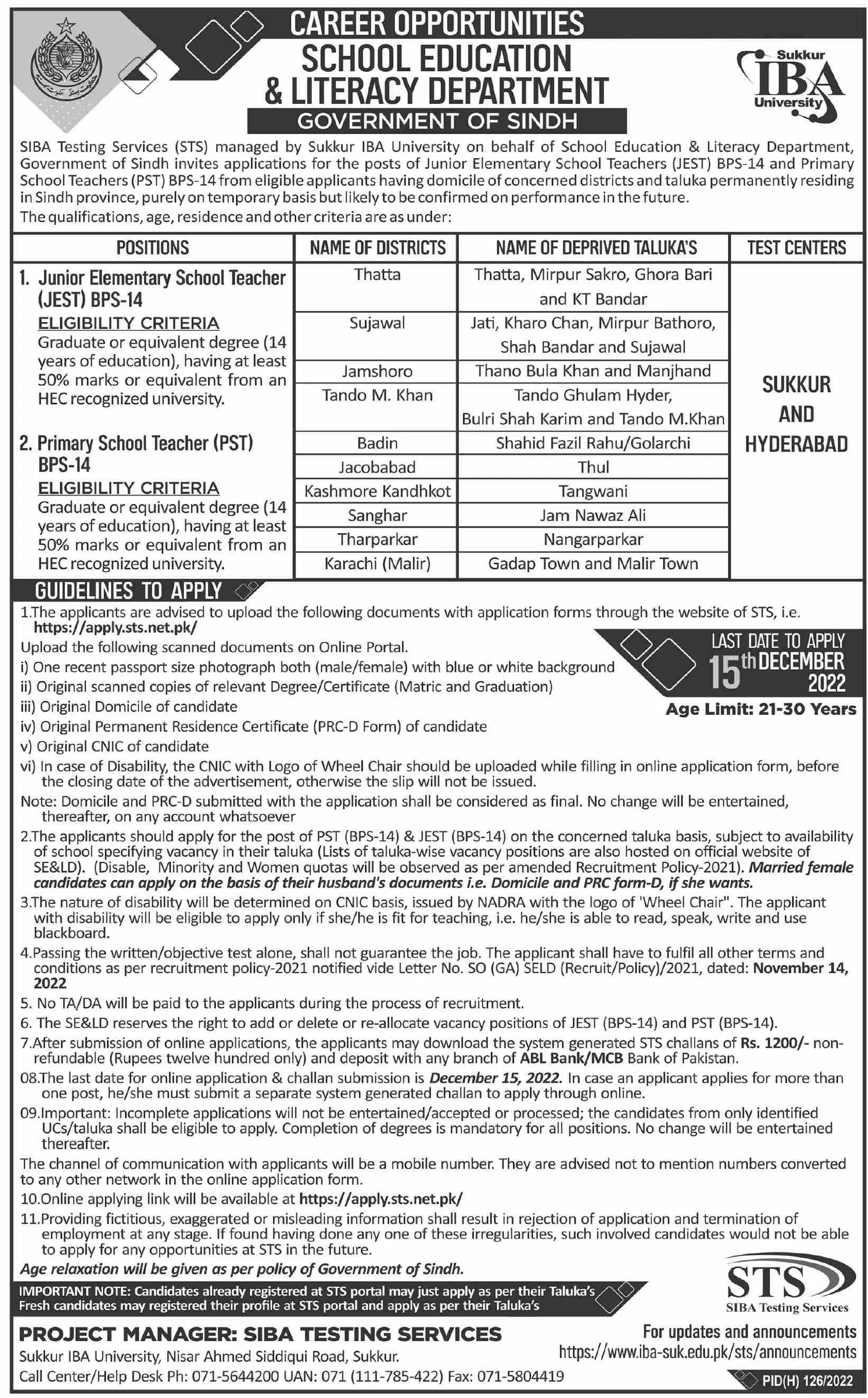School Education & Literacy Department Sindh Jobs 2022 – Govt of Sindh Jobs 2022 — original advertisement