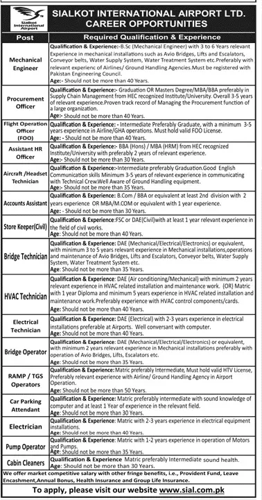 Sialkot International Airport Limited Jobs 2022 Jobs 2022 — original advertisement