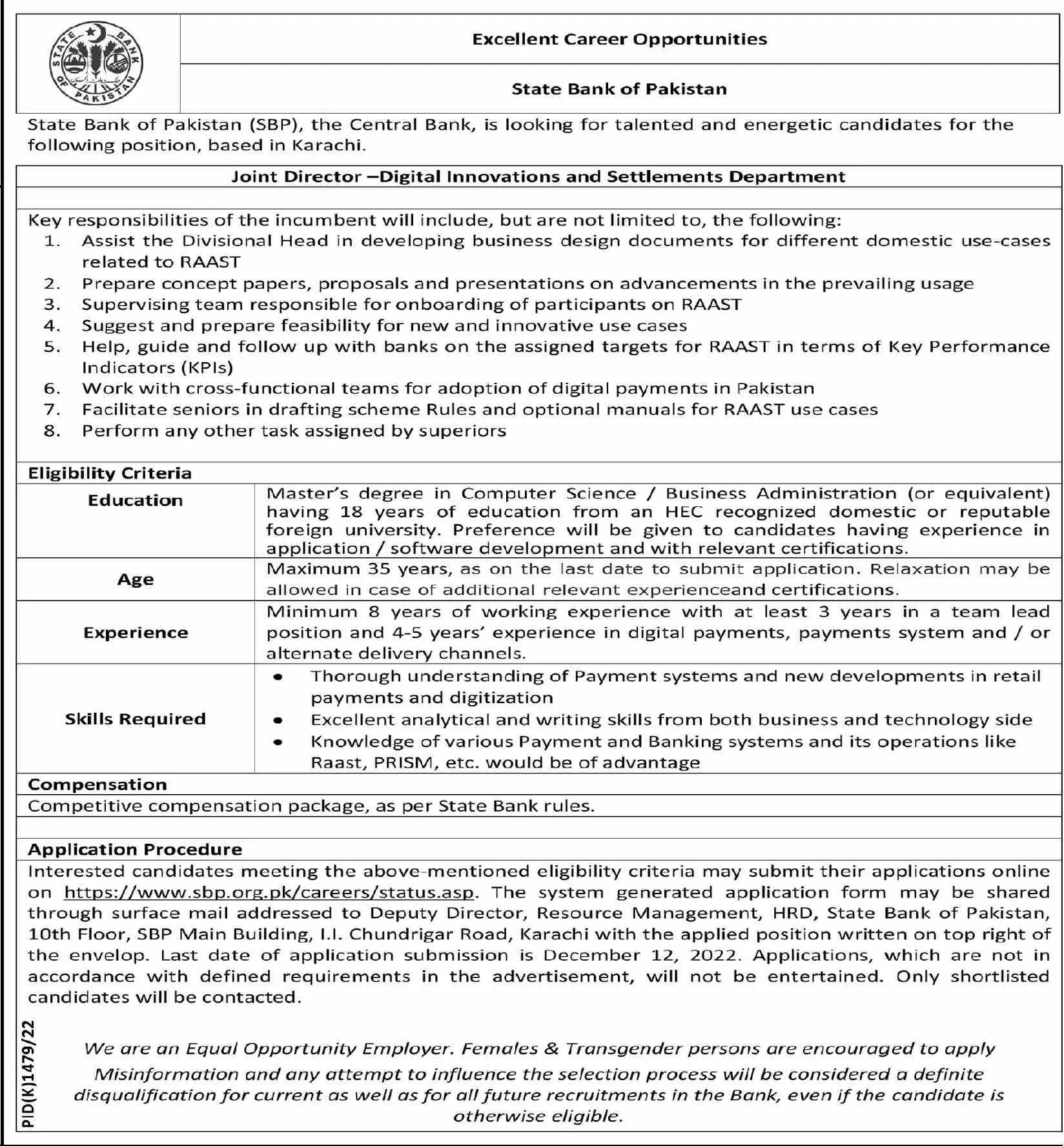 State Bank of Pakistan Jobs 2022 Jobs 2022 — original advertisement