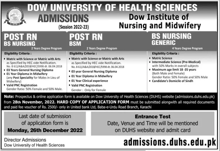 Dow University of Health Sciences Admissions 2022 – Dow University of Health Sciences Karachi Admissions 2022 — original advertisement