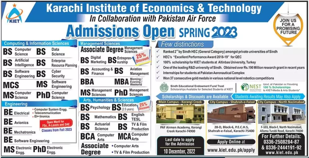 Karachi Institute of Economics & Technology Admissions 2022 – Karachi Institute of Economics and Technology KIET Admissions 2022 — original advertisement