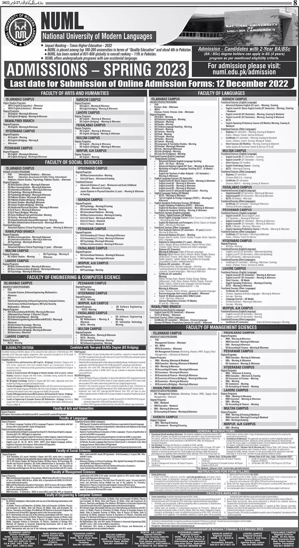 National University of Modern Languages Islamabad Admissions Admissions 2022 — original advertisement
