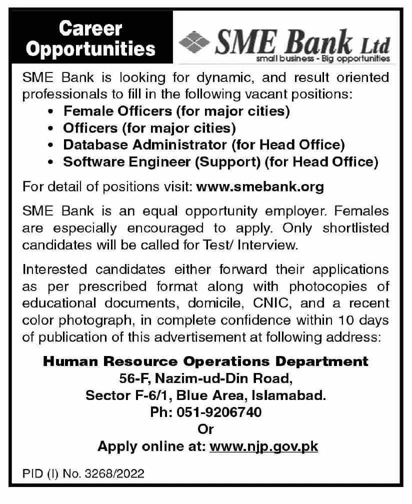 SME Bank Limited Islamabad Jobs 2022 Jobs 2022 — original advertisement