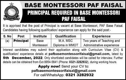 Base Montessori Paf Faisal Karachi Jobs 2022 – Pakistan Air Force Jobs 2022 — original advertisement