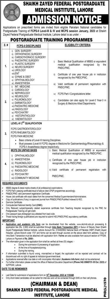 Sheikh Zayed Federal Postgraduat Medical Institute Admission – Shaikh Zayed Medical Complex Lahore Admissions 2022 — original advertisement
