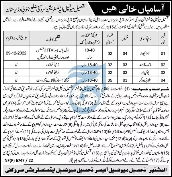 Municipal Administration Sarwakai Job 2022 – Administration Department Government of Khyber Pakhtunkhwa Jobs 2022 — original advertisement