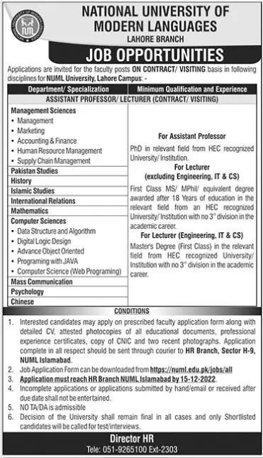 National University of Modern Languages Lahore Jobs 2022 – National University of Modern Languages Islamabad Jobs 2022 — original advertisement