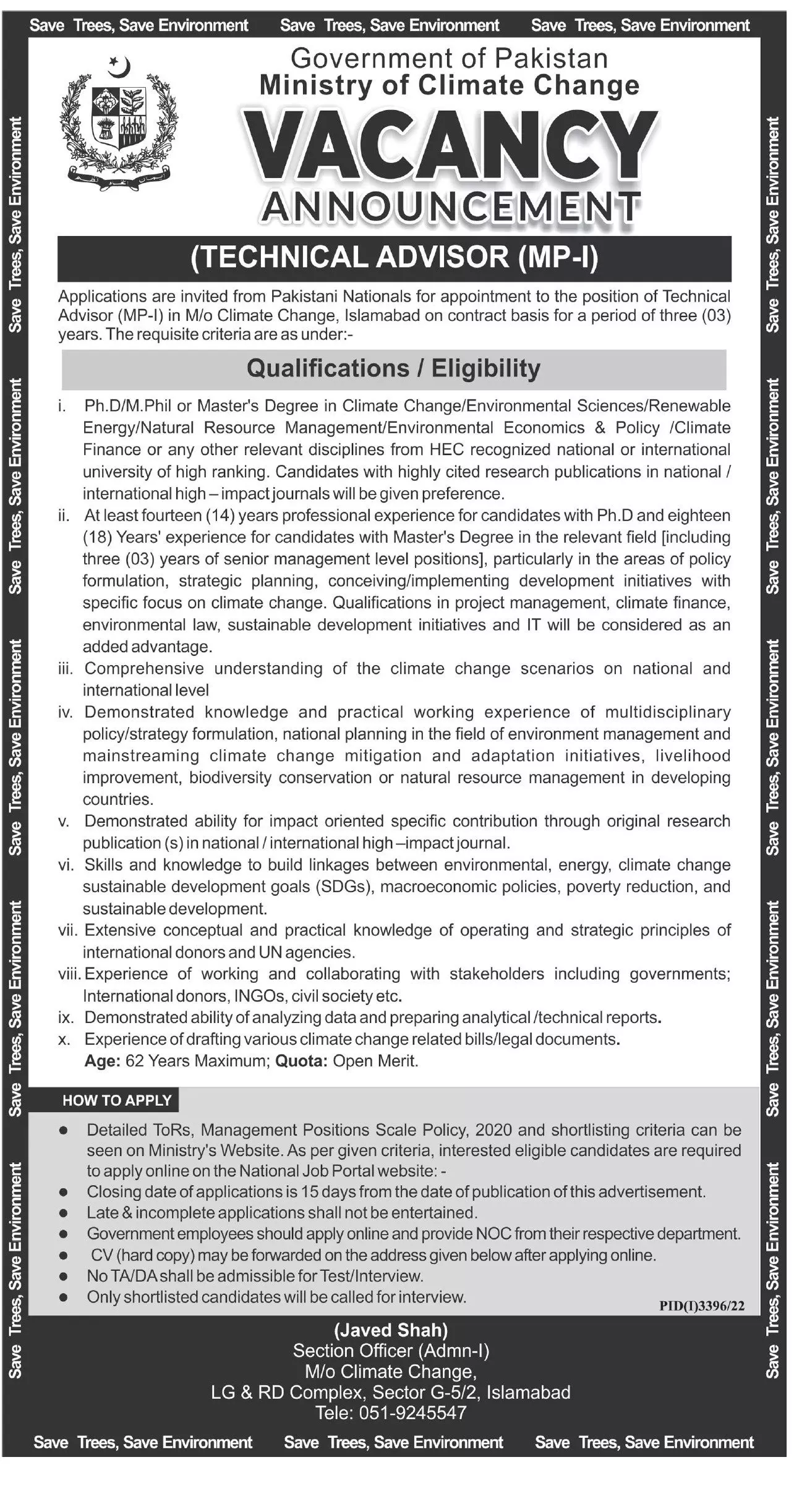 Ministry of Climate Change MOCC Jobs 2022 Jobs 2022 — original advertisement