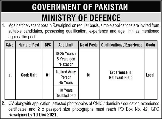 Ministry of Defence Rawalpindi Jobs 2022 – Ministry of Defence Pakistan Jobs 2022 — original advertisement