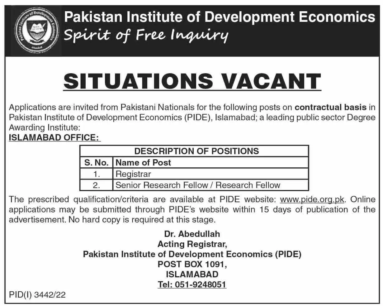 Pakistan Institute of Development Economics (PIDE) Jobs 2022 Jobs 2022 — original advertisement