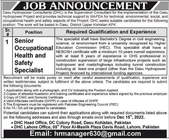 Dasu Hydropower Consultant Dhc Jobs 2022 – Dasu Hydropower Consultants Jobs 2022 — original advertisement