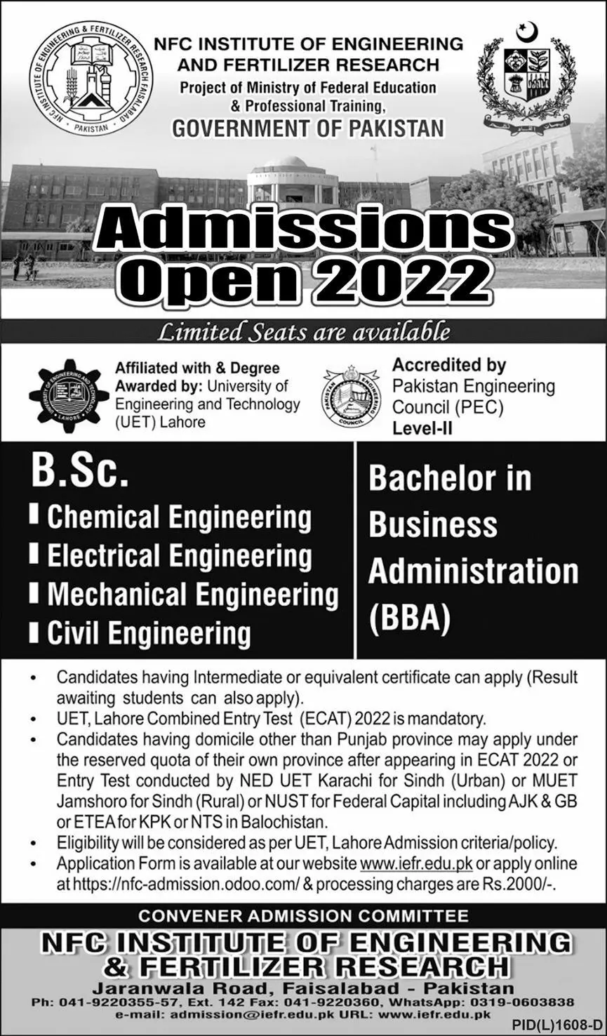 NFC institute of Engineering & Fertilizer Research Admission – NFC Institute of Engineering and Fertilizer Research Faisalabad Admissions 2022 — original advertisement