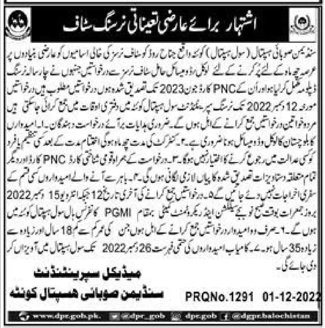 Sandeman Provincial Hospital Quetta Jobs 2022 – Sandeman Provisional Hospital Quetta Jobs 2022 — original advertisement