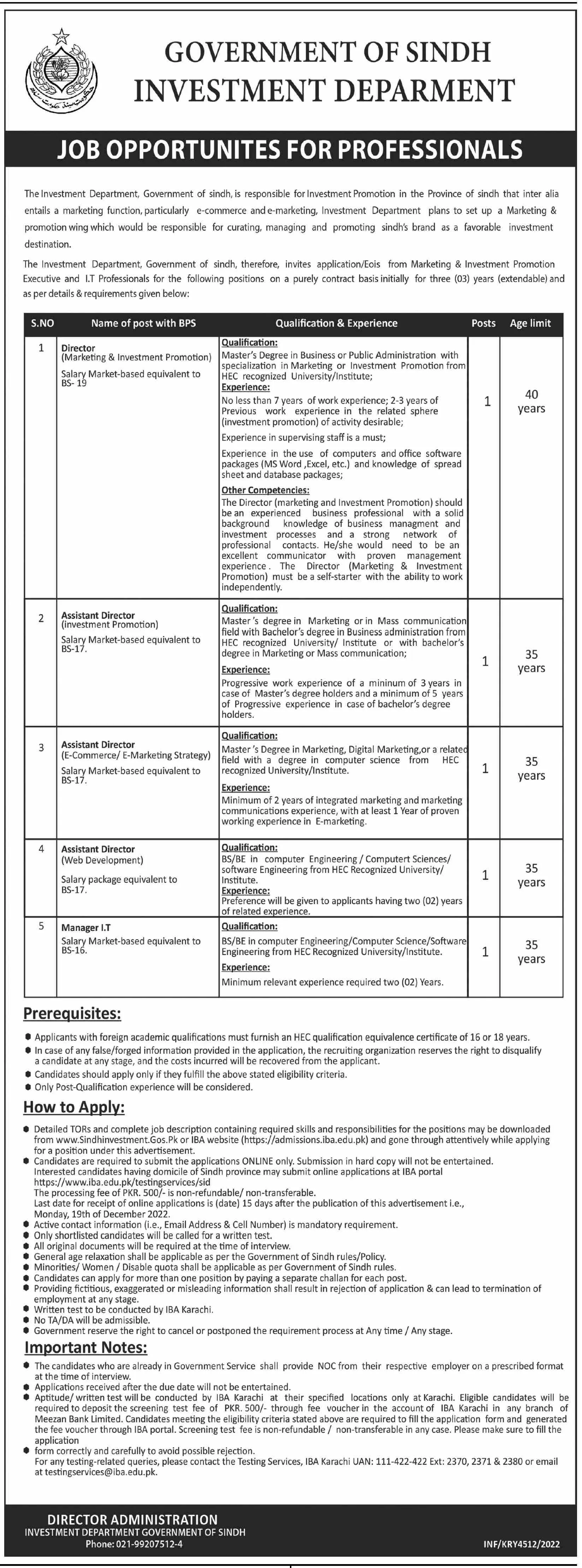 Investment Department Sindh jobs 2022 – Govt of Sindh Jobs 2022 — original advertisement