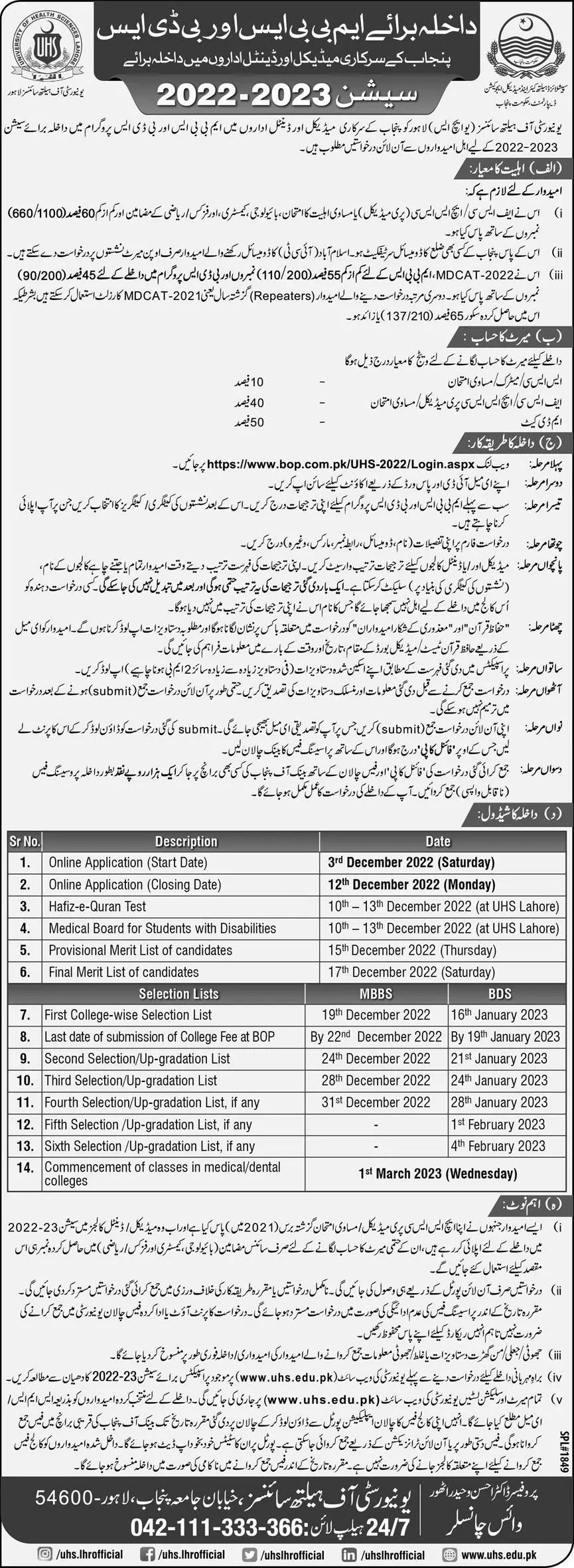 University of Health Sciences Lahore Admissions 2022-2023 Admissions 2022 — original advertisement