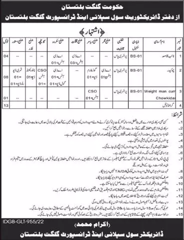 Directorate of Civil Supplies & Transport Gilgit Jobs 2022 – Government of Gilgit-Baltistan Jobs 2022 — original advertisement