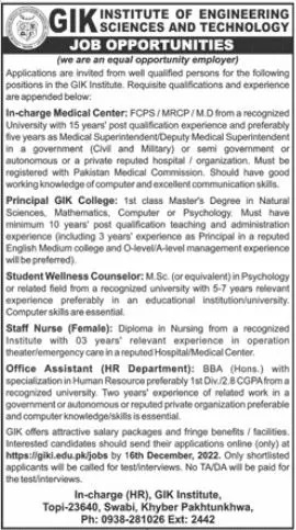 Ghulam Ishaq Khan Institute of Engineering Sciences Job 2022 – Ghulam Ishaq Khan GIK Institute of Engineering Sciences and Technology Swabi Jobs 2022 — original advertisement
