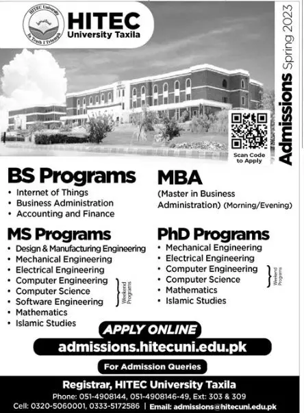 HITEC University Taxila Admission 2022 Admissions 2022 — original advertisement