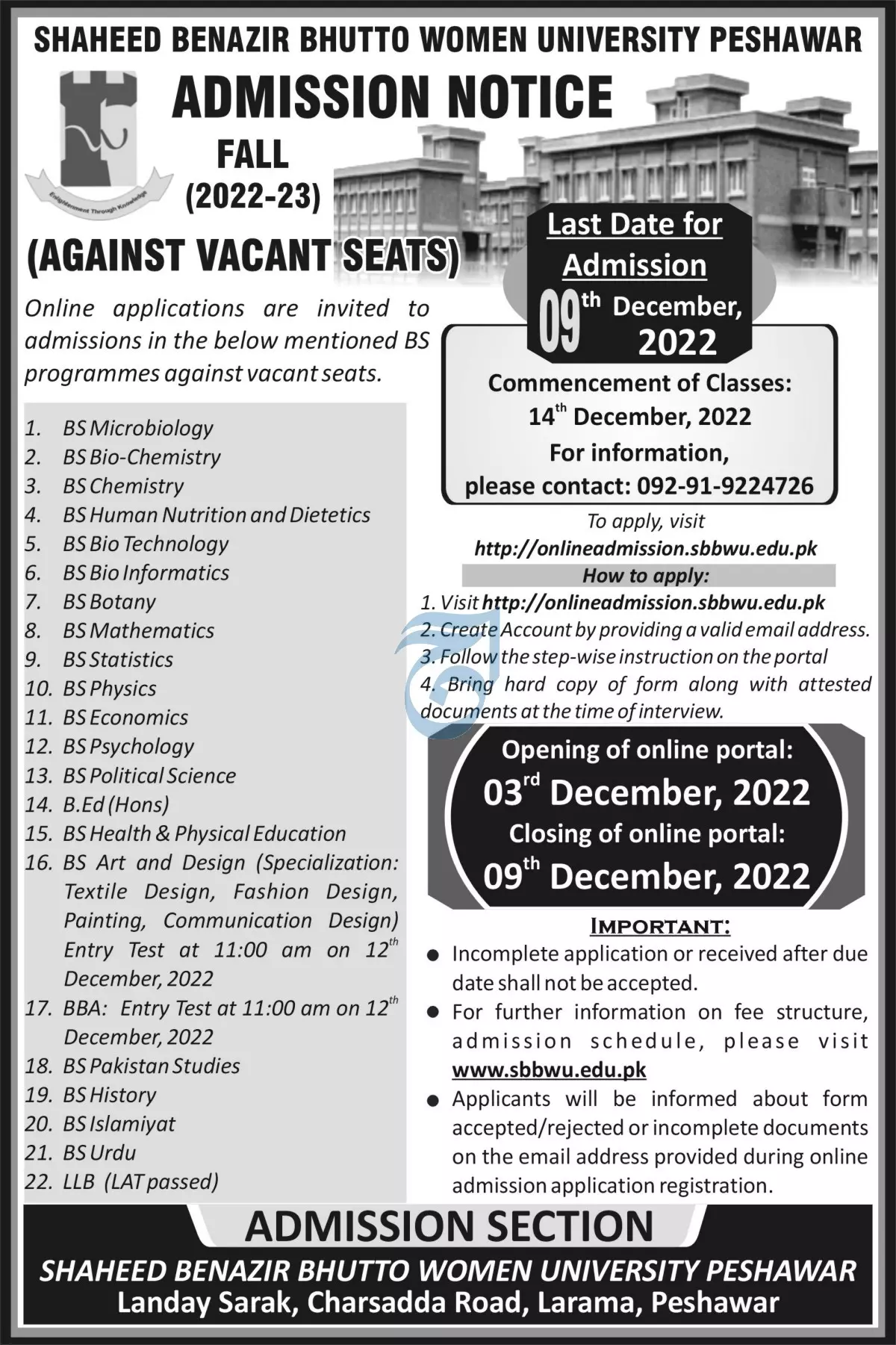 Shaheed Benazir Bhutto Women University Peshawar Admissions Admissions 2022 — original advertisement