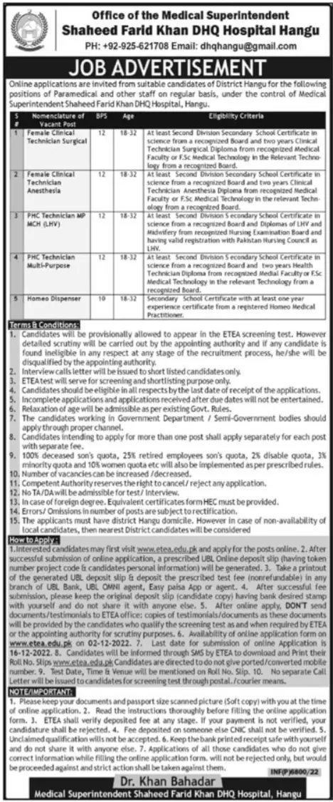 Shaheed Farid Khan DHQ Hospital Hangu Jobs 2022 Jobs 2022 — original advertisement