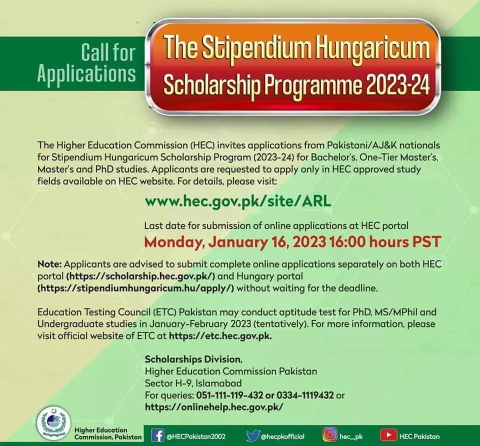 Stipendium Hungaicum Scholarship Programme 2023-24 – Higher Education Commission Islamabad Scholarships 2022 — original advertisement