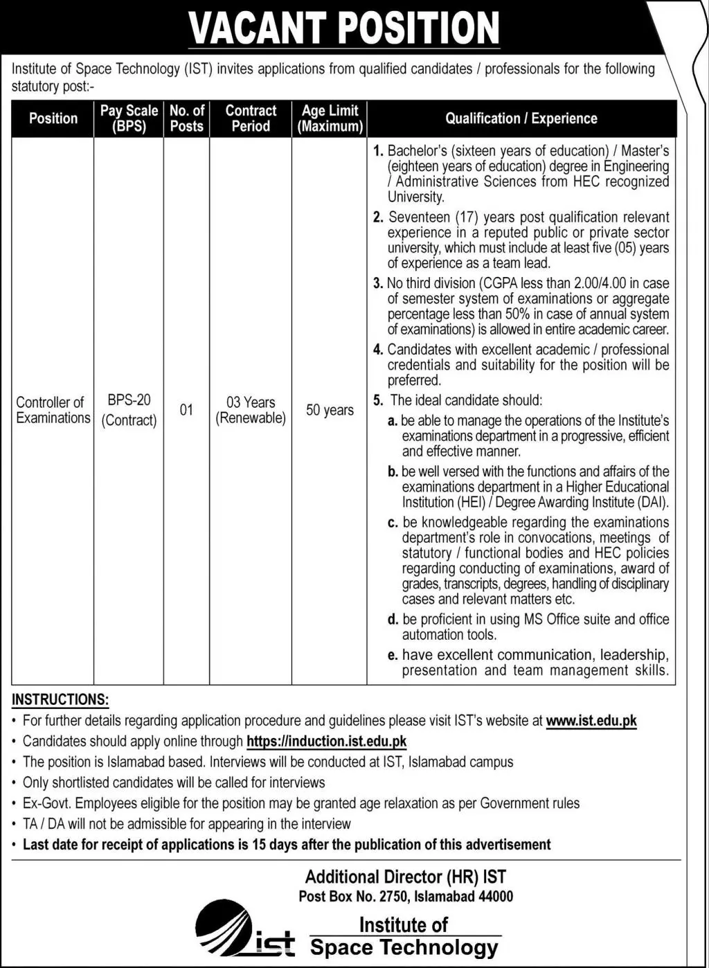 Institute of Space Technology IST Jobs 2022 – Institute of Space Technology ITS Islamabad Jobs 2022 — original advertisement